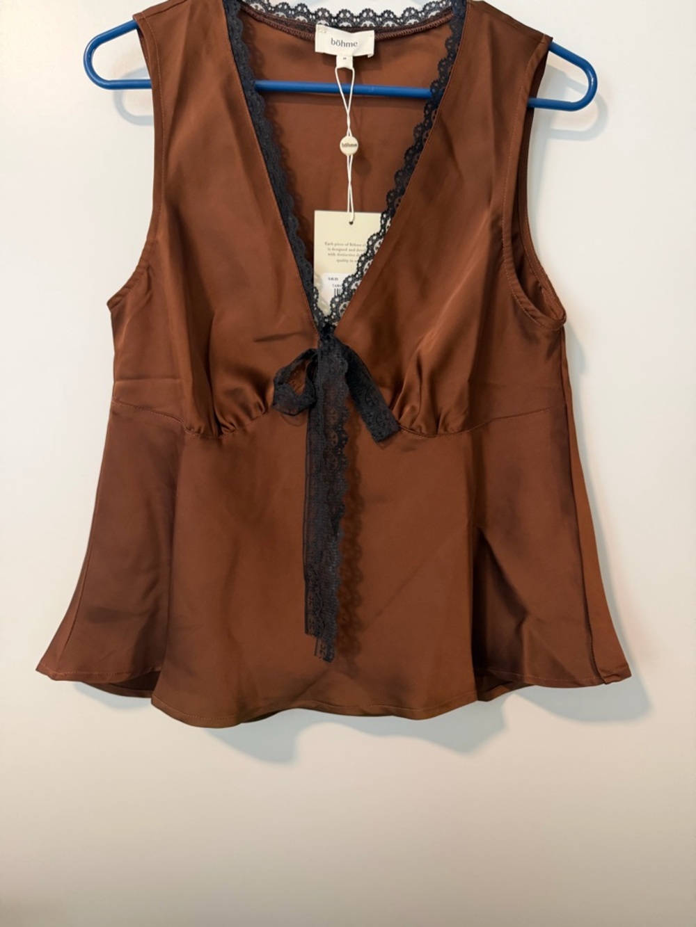 bohme Brown Satin Chemise with Black Lace Tie